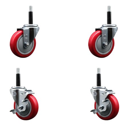 Service Caster 4'' Red Poly Wheel Swivel 3/4'' Expanding Stem Caster Set 2 Brakes, 4PK SCC-EX20S414-PPUB-RED-2-TLB-2-34